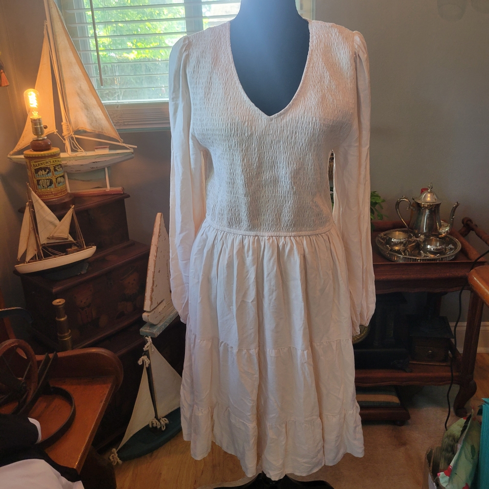 New Zesica Cream Long Sleeve V-Neck Sundress